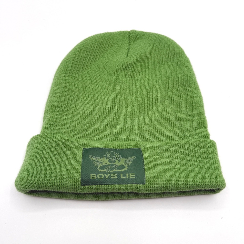 Boys‎ Lie Beanie Womens One Size Green Logo Patch Ribbed Knit Streetwear Hat